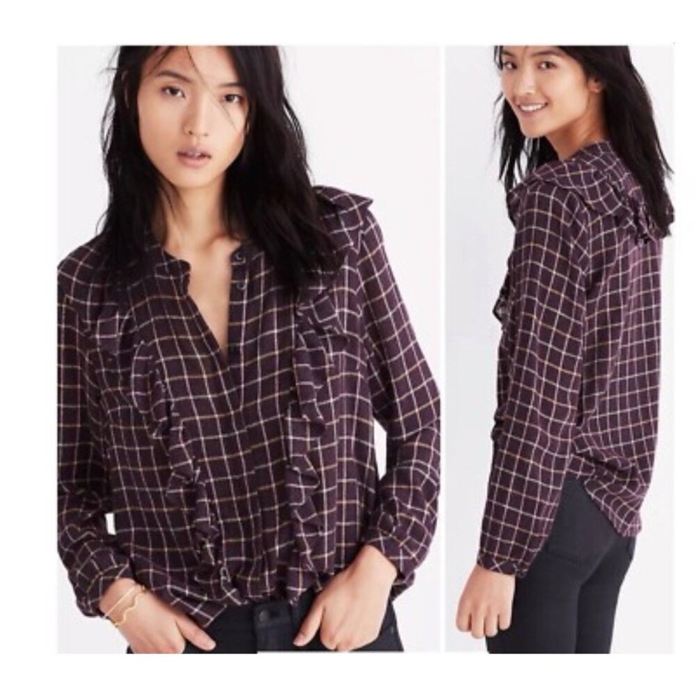 Madewell S purple plaid wool blend top ruffle front Peasant Cottagecore Academia